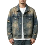 Acid wash men's denim jacket ripped fray distressed detail back panel and shoulder construction