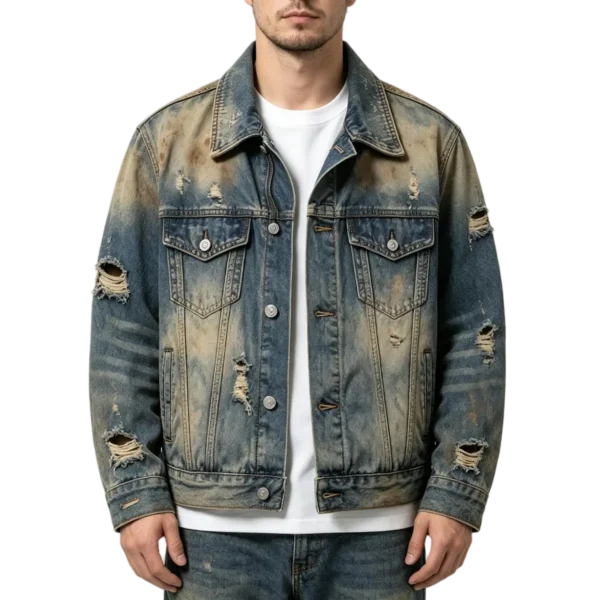 Acid wash men's denim jacket ripped fray distressed detail back panel and shoulder construction