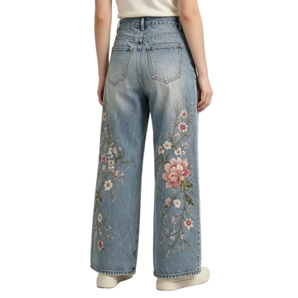 Embroidered floral denim women's stitch count thread quality and fabric grain macro close-up detail