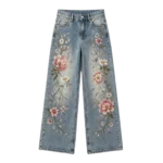 Women's botanical floral embroidered jeans custom multi-color thread design streetwear factory