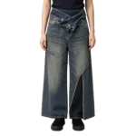 Women's fold-over waistband jeans side silhouette belt loop and layered waist construction detail