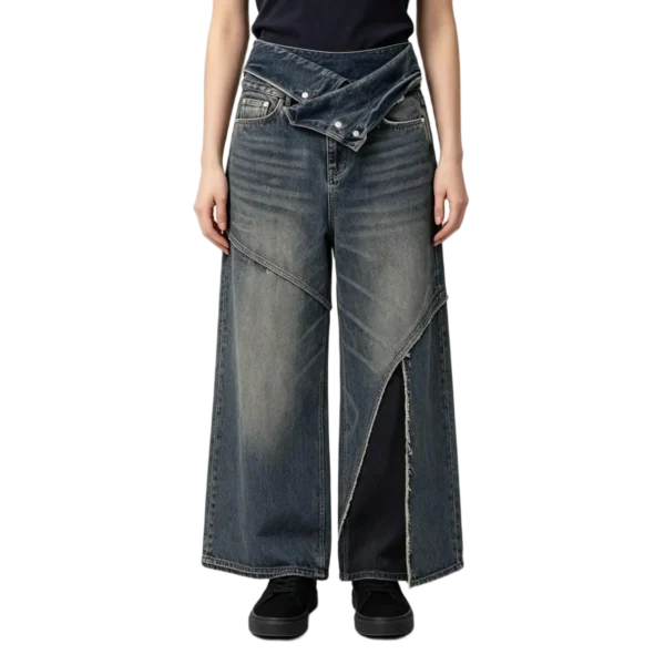 Women's fold-over waistband jeans side silhouette belt loop and layered waist construction detail