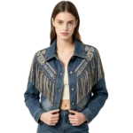 Western women's fringe denim jacket back yoke fringe trim detail and button closure construction