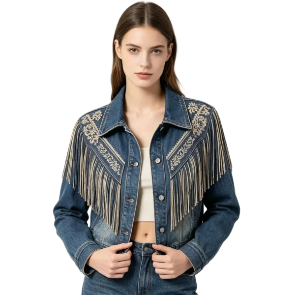 Western women's fringe denim jacket back yoke fringe trim detail and button closure construction