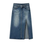 Front slit maxi length denim skirt women elegant elongated silhouette custom factory