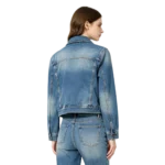 Heritage women's plaid lined denim jacket plaid fabric pattern outer denim and seam macro close-up