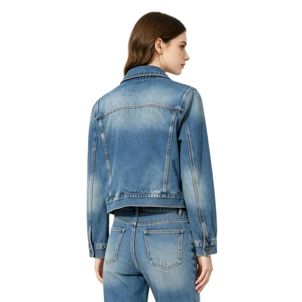 Heritage women's plaid lined denim jacket plaid fabric pattern outer denim and seam macro close-up