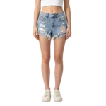 High rise women's denim shorts back pocket stitching and yoke seam construction detail