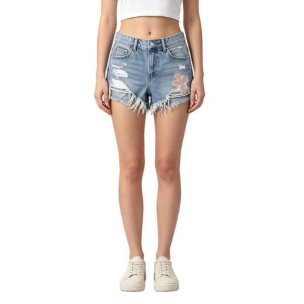 High rise women's denim shorts back pocket stitching and yoke seam construction detail