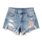 High rise women's denim shorts with frayed raw edge hem and distressed finish for summer fashion
