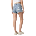 High rise women's denim shorts distressed frayed edge and washed denim fabric texture macro detail