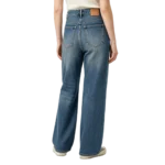 High waist wide leg women's selvedge denim detail cuff edge and fabric weave close-up