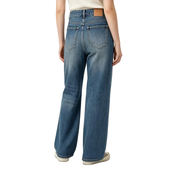 High waist wide leg women's selvedge denim detail cuff edge and fabric weave close-up