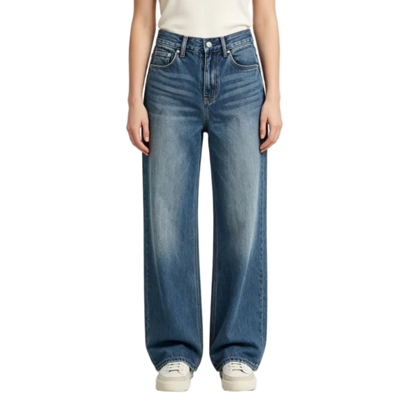 High waist wide leg jeans women button fly closure and front pocket construction detail