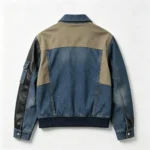 Hybrid denim bomber jacket men contrast sleeve material design custom factory