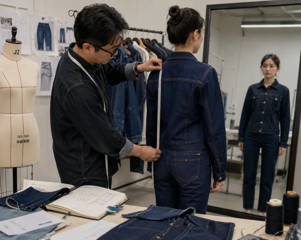Professional jeans fit development and size grading measurement process at Aeedenim custom denim factory