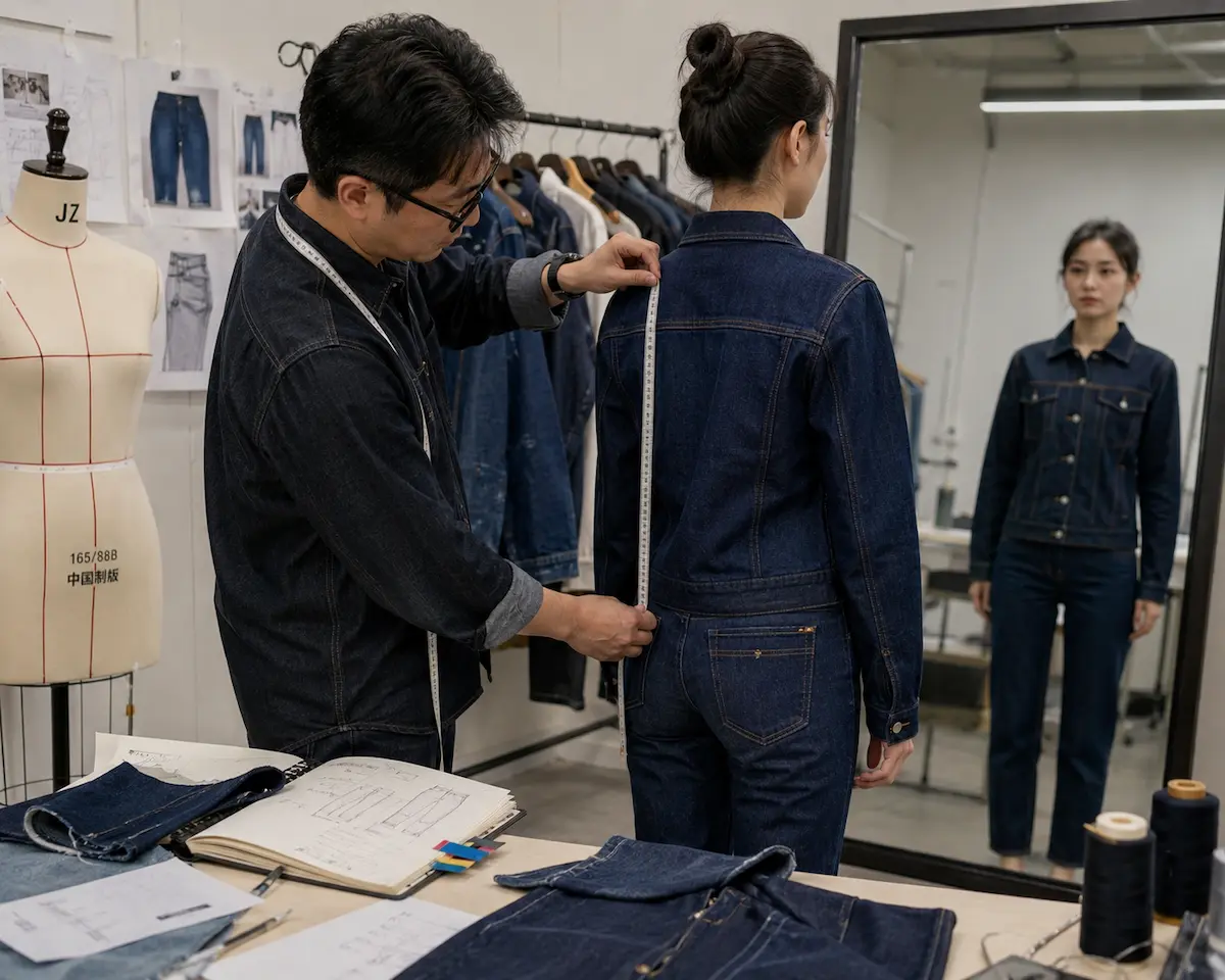 Professional jeans fit development and size grading measurement process at Aeedenim custom denim factory