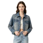 Laser etched women's denim jacket floral pattern placement back panel and sleeve design detail