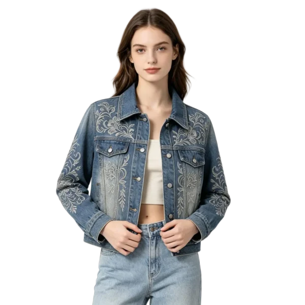 Laser etched women's denim jacket floral pattern placement back panel and sleeve design detail