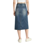 Maxi women's denim skirt front slit seam detail washed fabric drape and hem finish macro close-up