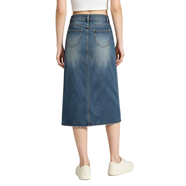Maxi women's denim skirt front slit seam detail washed fabric drape and hem finish macro close-up