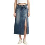 Maxi women's denim skirt back waistband yoke construction and long silhouette detail