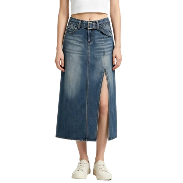Maxi women's denim skirt back waistband yoke construction and long silhouette detail