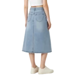 Midi women's denim skirt button detail washed fabric texture and hem finish macro close-up