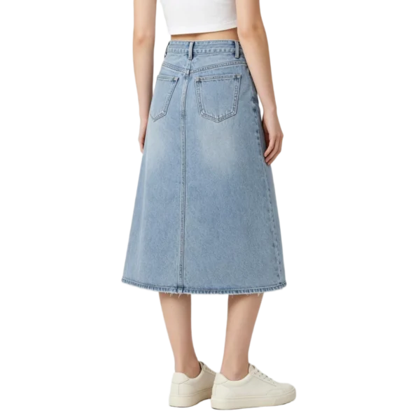 Midi women's denim skirt button detail washed fabric texture and hem finish macro close-up