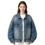 Oversized women's denim jacket frayed raw hem edge back yoke and relaxed silhouette detail