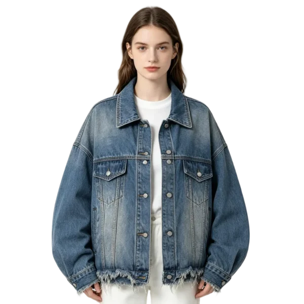 Oversized women's denim jacket frayed raw hem edge back yoke and relaxed silhouette detail