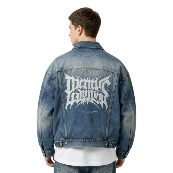 Oversized trucker men's denim jacket custom metal button hardware and washed fabric macro close-up