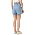 Paperbag waist women's denim shorts gathered ruched waistband and fabric drape macro close-up