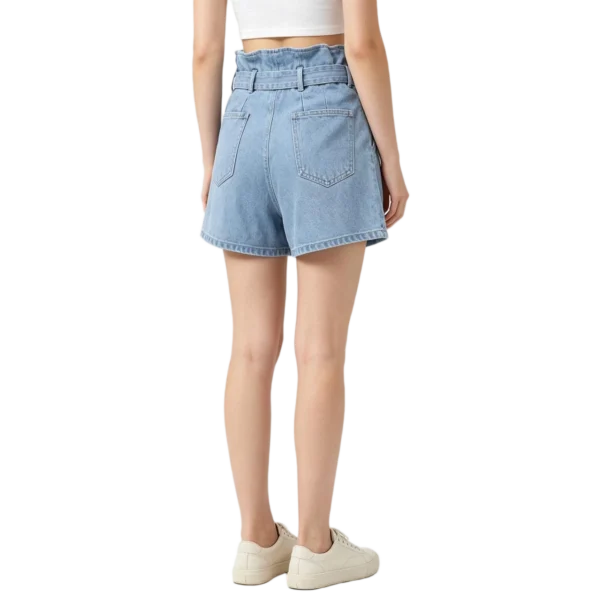 Paperbag waist women's denim shorts gathered ruched waistband and fabric drape macro close-up