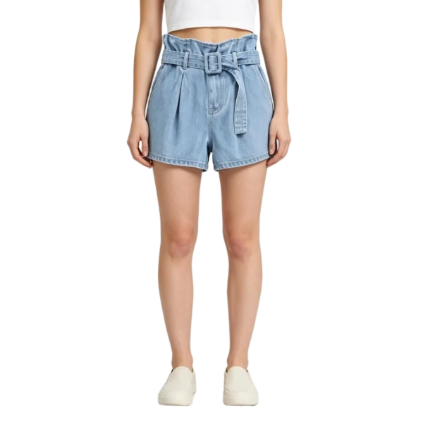 Paperbag waist women's denim shorts belt loop self-tie detail and back waist construction
