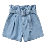Paperbag waist ruched design women's denim shorts with self-tie belt custom factory