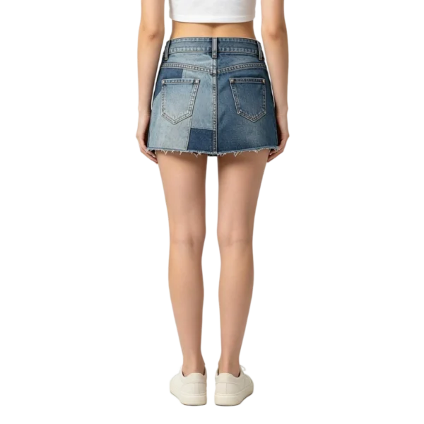 Patchwork women's denim skirt panel seam stitching fabric contrast and weave macro close-up detail