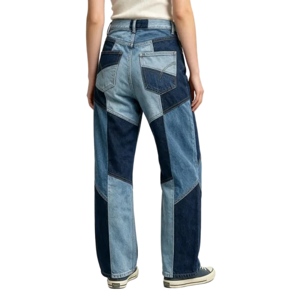 Patchwork denim women two-tone fabric contrast seam stitching and weave detail macro close-up