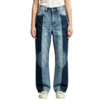 Women's patchwork panel jeans seam construction panel join detail and back pocket placement