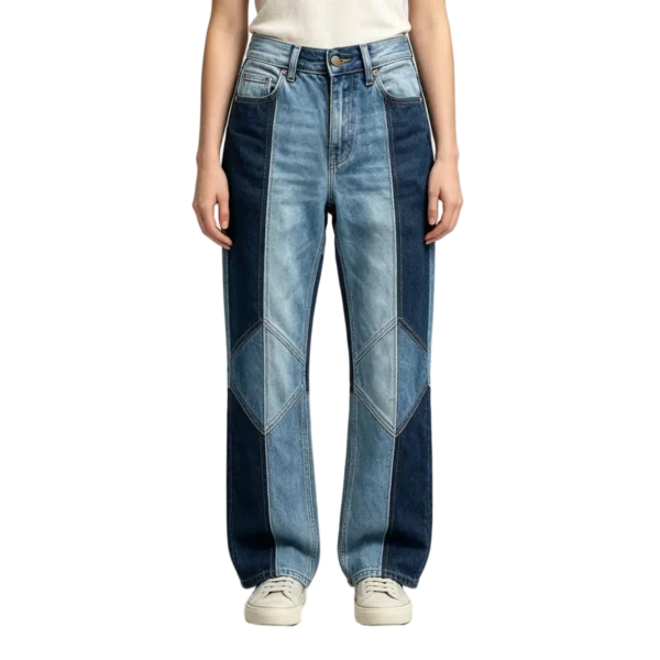 Women's patchwork panel jeans seam construction panel join detail and back pocket placement