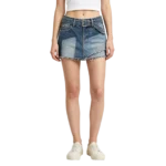Patchwork women's denim skirt panel seam alignment back yoke and contrast fabric detail