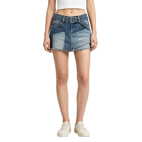 Patchwork women's denim skirt panel seam alignment back yoke and contrast fabric detail
