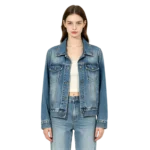Heritage women's plaid lined denim jacket collar detail inner plaid lining and button closure construction