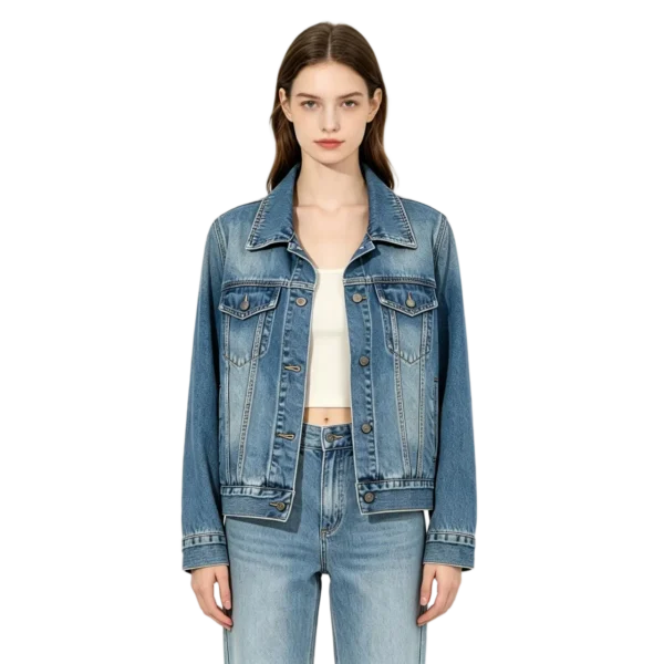 Heritage women's plaid lined denim jacket collar detail inner plaid lining and button closure construction