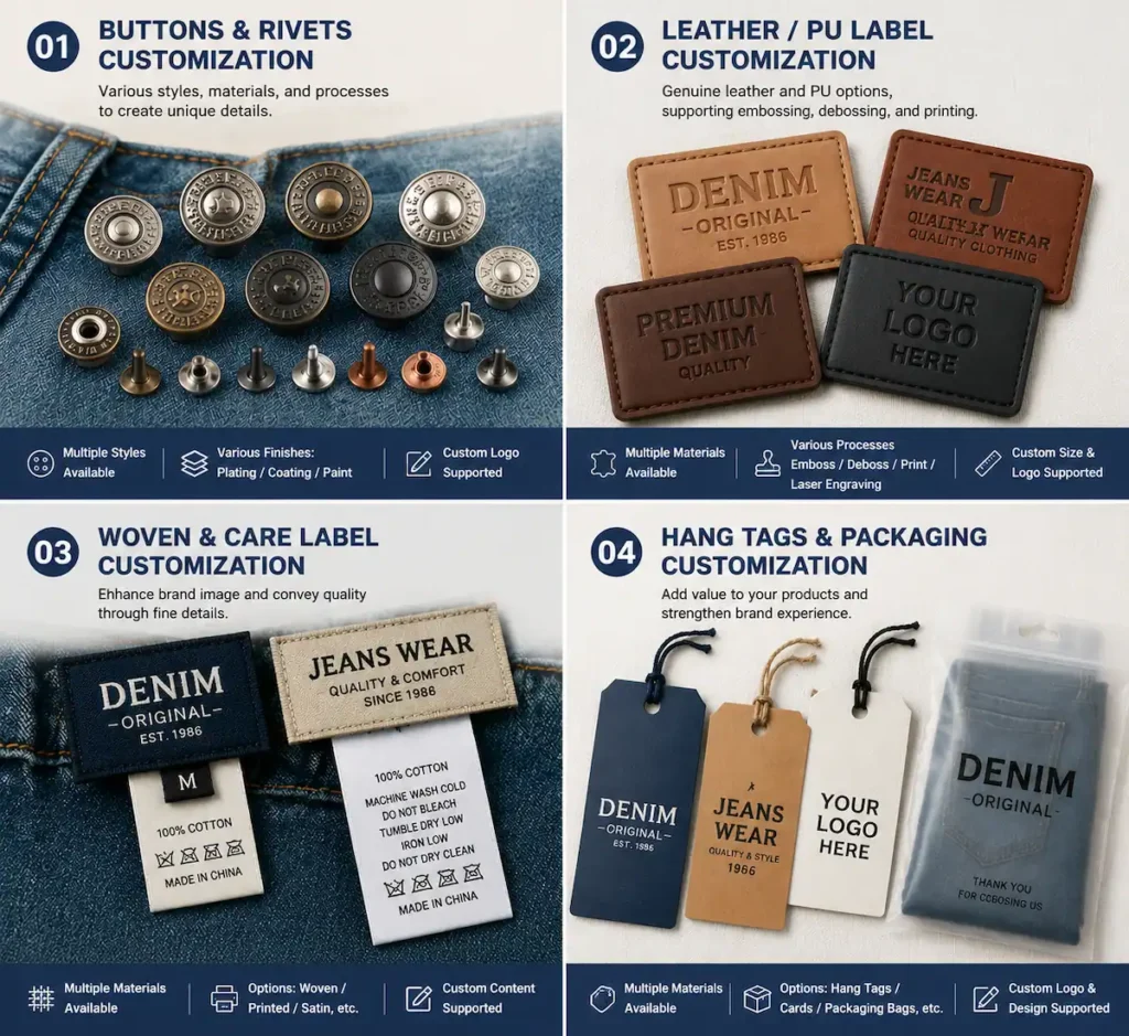 Collection of custom denim branding trims including leather patches metal buttons copper rivets and woven labels for private label jeans manufacturing at Aeedenim
