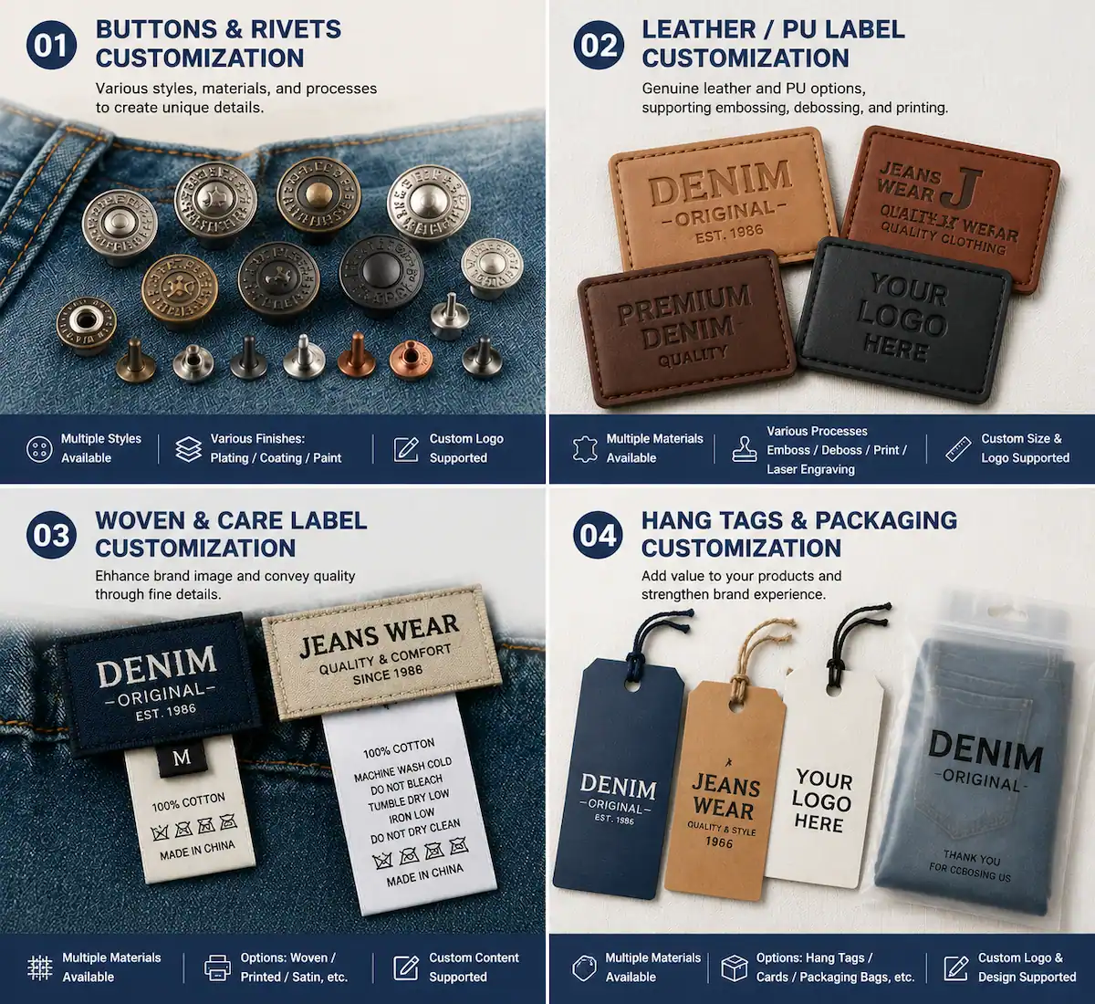 Collection of custom denim branding trims including leather patches metal buttons copper rivets and woven labels for private label jeans manufacturing at Aeedenim