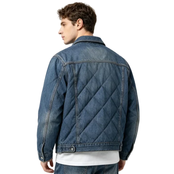 Quilted men's denim shacket diamond stitch pattern lightweight fabric and button macro close-up