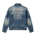 Crystal rhinestone back panel denim jacket men statement streetwear custom factory