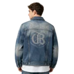 Rhinestone men's denim jacket crystal adhesion denim fabric and heat-press finish macro close-up