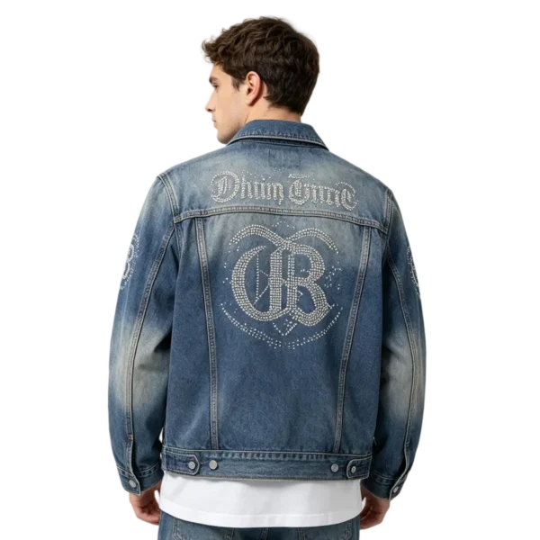 Rhinestone men's denim jacket crystal adhesion denim fabric and heat-press finish macro close-up